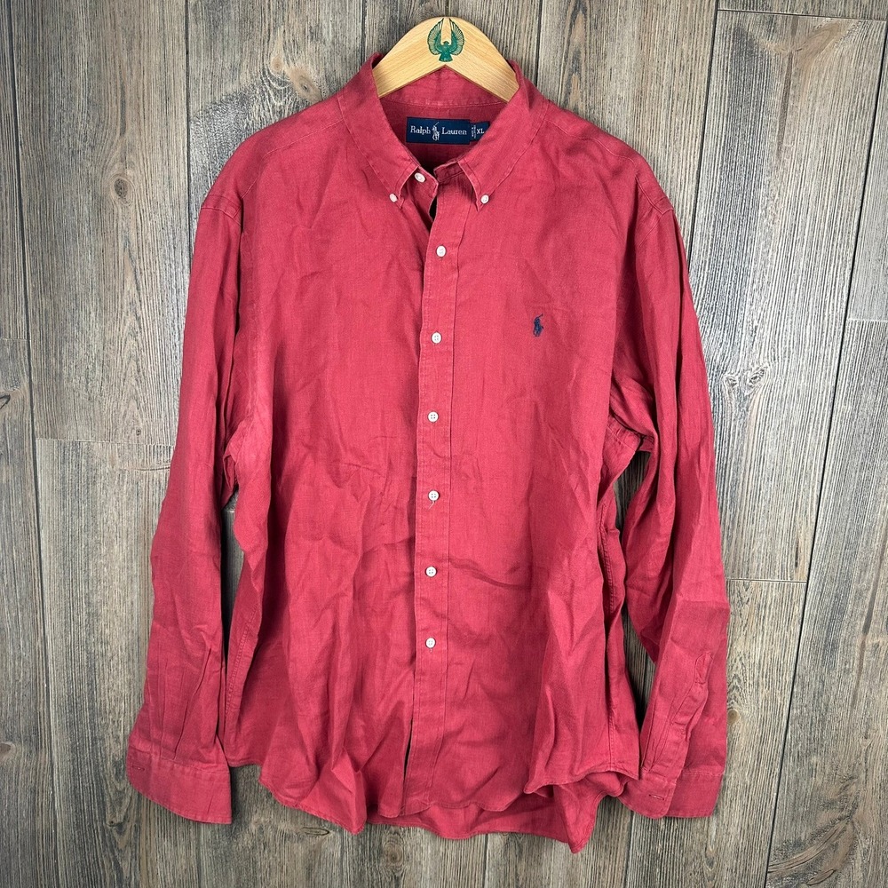 Ralph Lauren 100% Linen Button Down Shirt Long Sleeve Mens Size XL Red - Picture 2 of 8